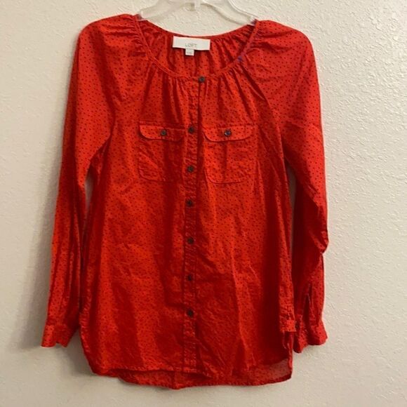 LOFT Red polka dot long sleeve button down shirt!! - Picture 3 of 6